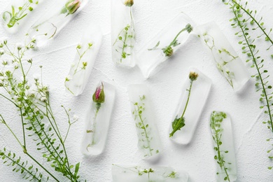 Photo of Ice cubes with flowers on white background, flat lay