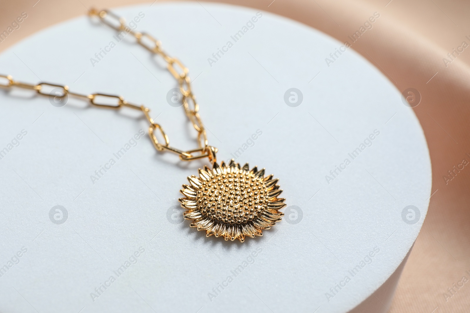 Photo of Stylish presentation of elegant necklace on white podium, closeup