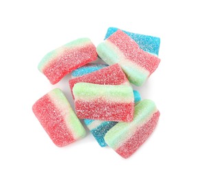 Photo of Pile of tasty colorful jelly candies on white background, top view