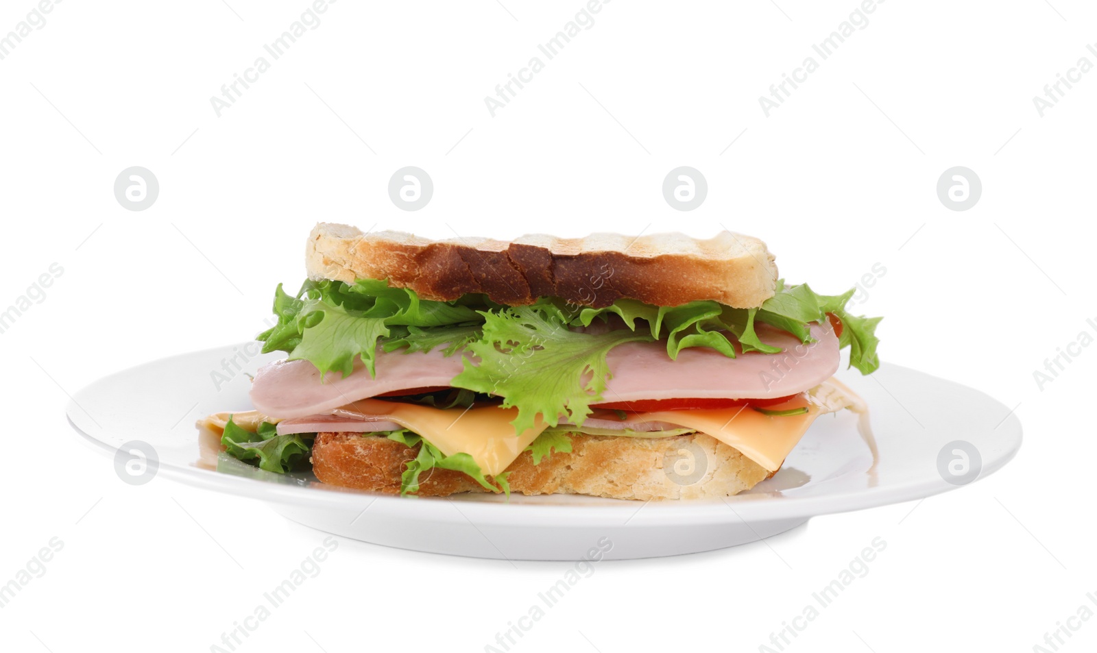 Photo of Tasty sandwich with ham isolated on white