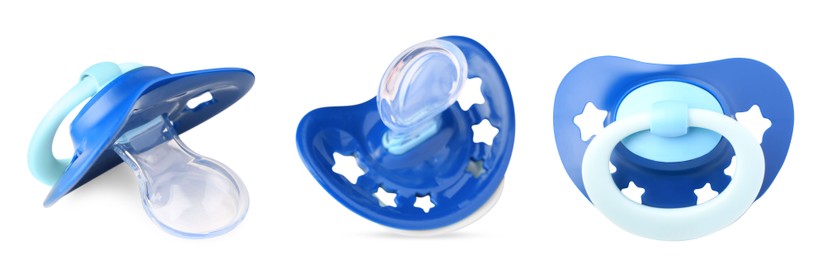 Collage of baby pacifier on white background, views from different sides