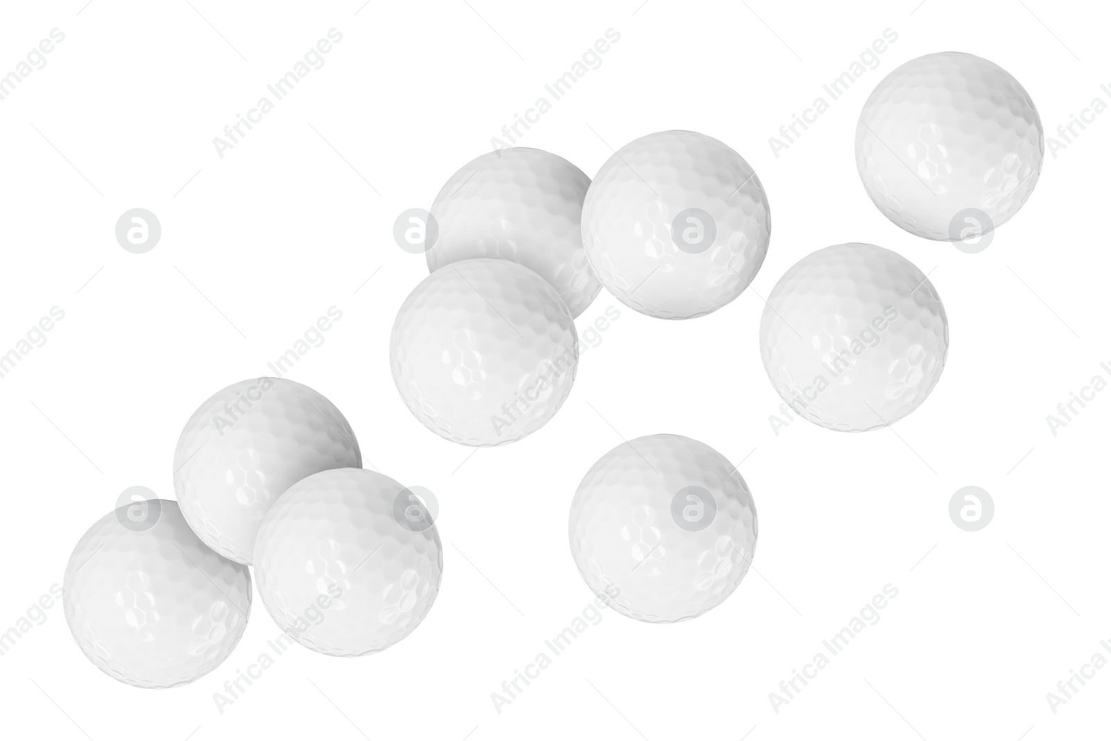 Image of Many golf balls flying on white background
