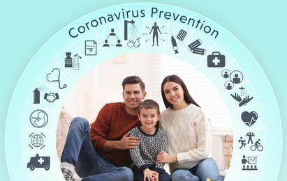 Image of Coronavirus prevention concept. Happy family at home