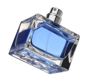 Photo of Blue men's perfume in bottle isolated on white