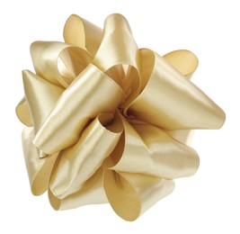 Photo of Beautiful golden ribbon tied in bow isolated on white, top view