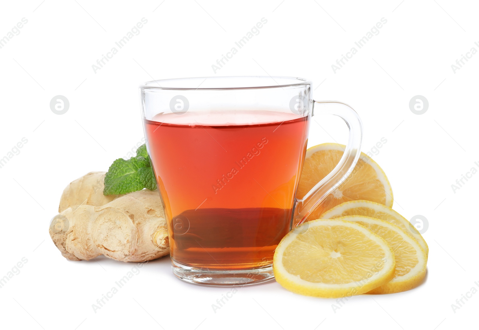 Photo of Cup of tea, ginger, mint and lemon on white background. Cough remedies