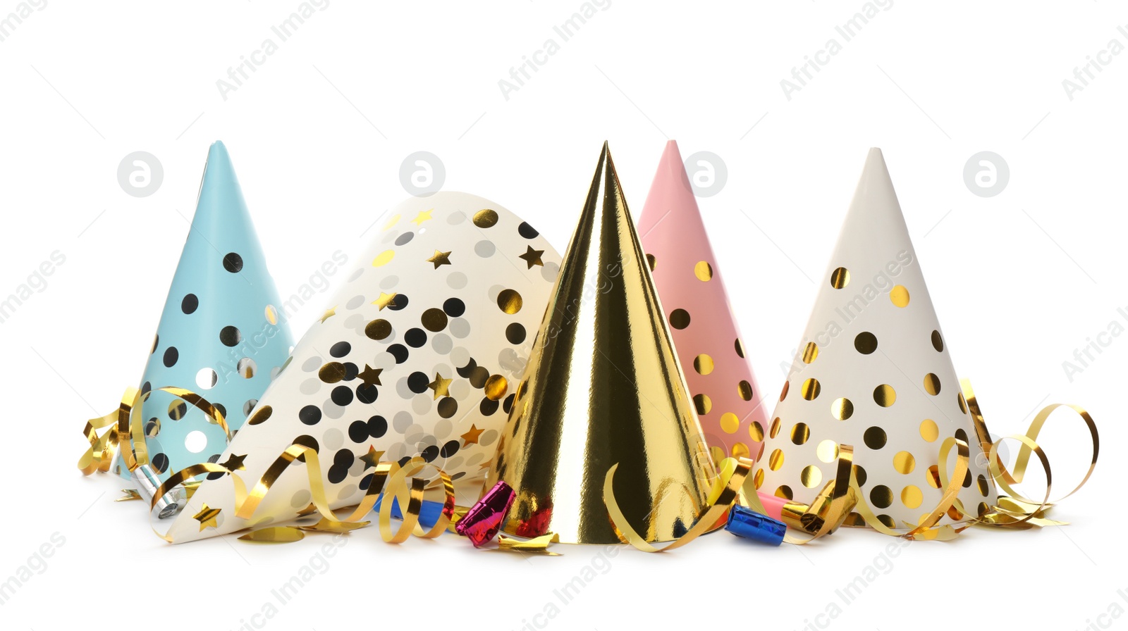 Photo of Party hats, blowers and confetti streamers on white background