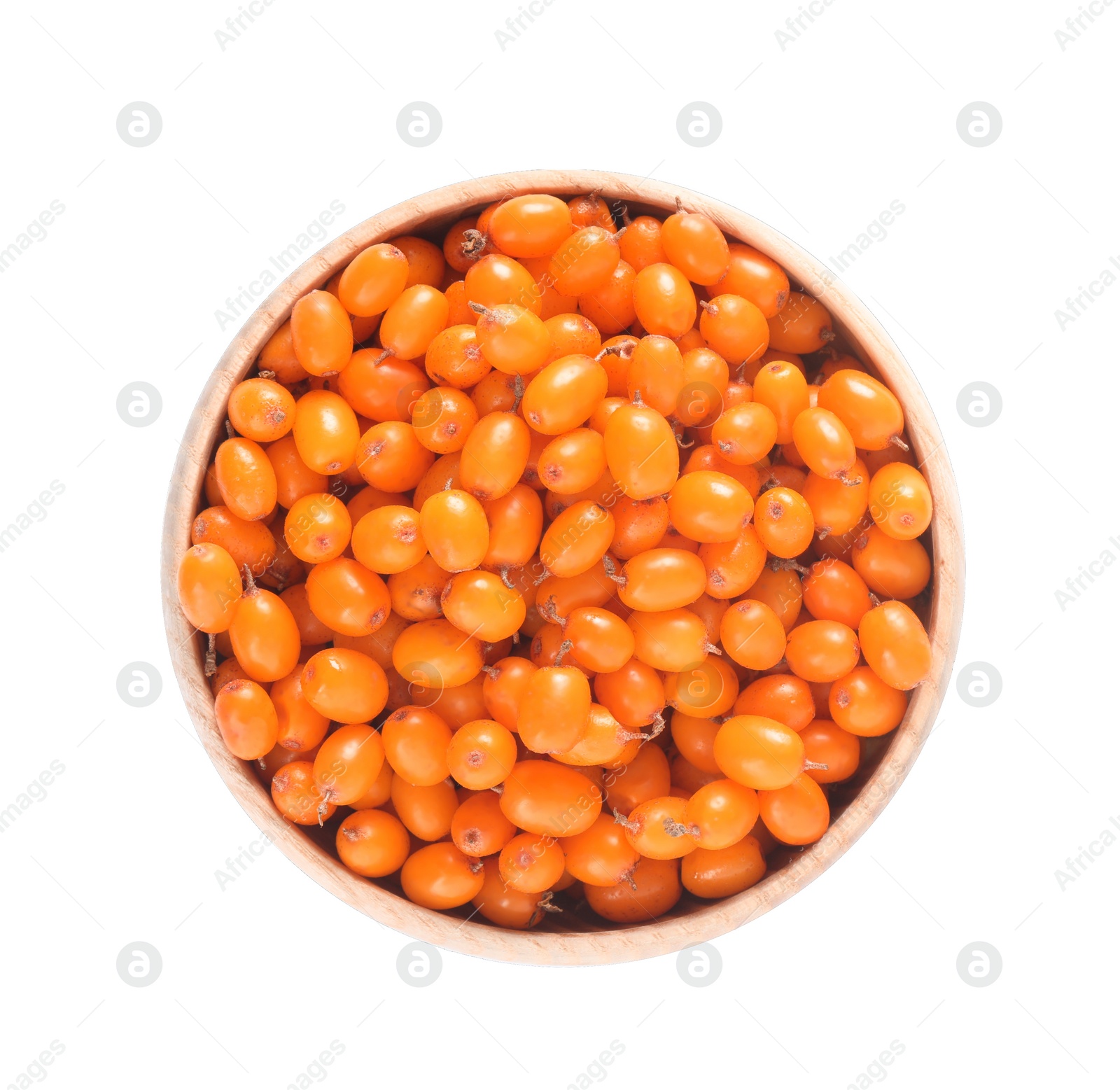 Photo of Fresh ripe sea buckthorn berries in bowl isolated on white, top view