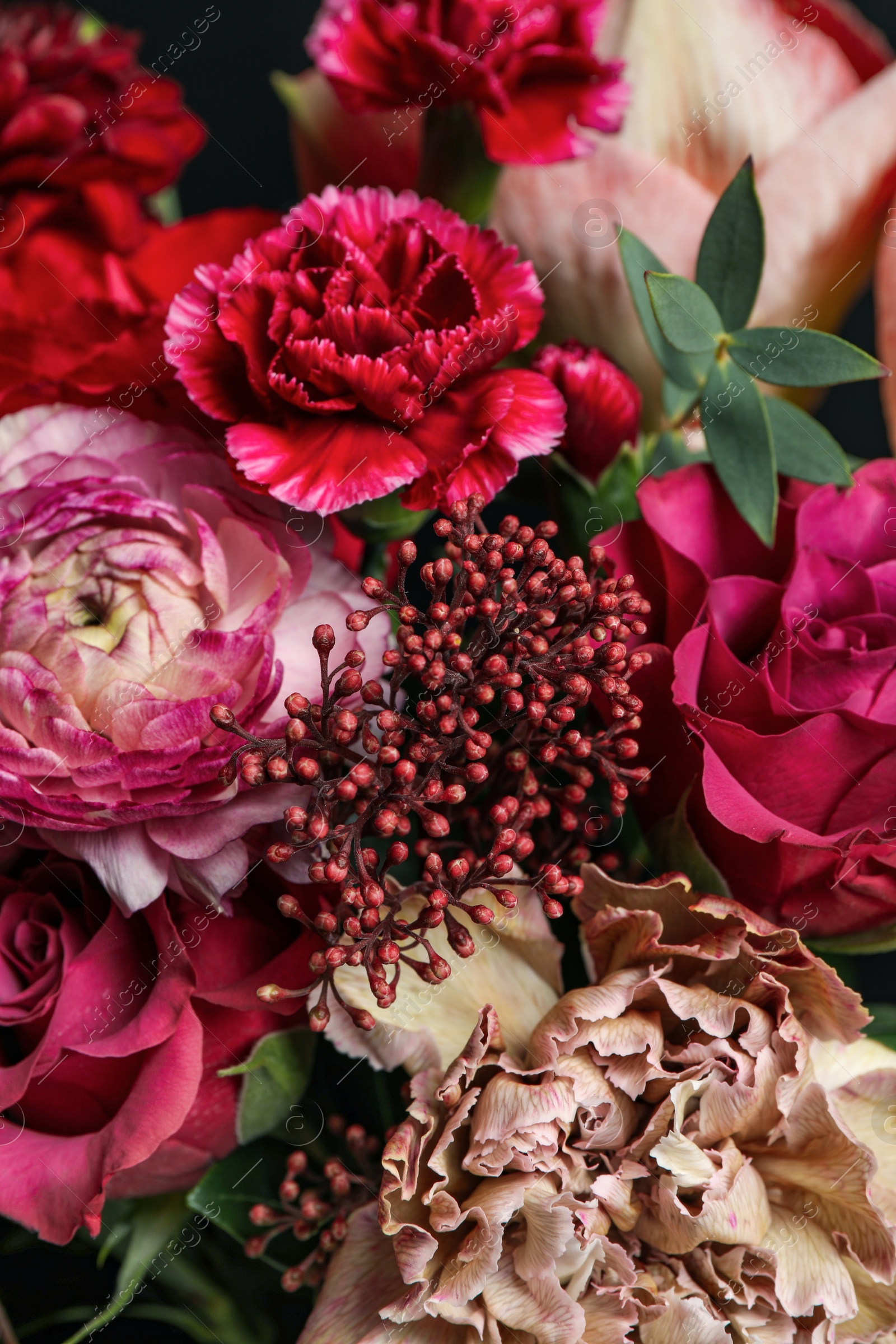 Photo of Beautiful fresh bouquet as background, closeup. Floral decor