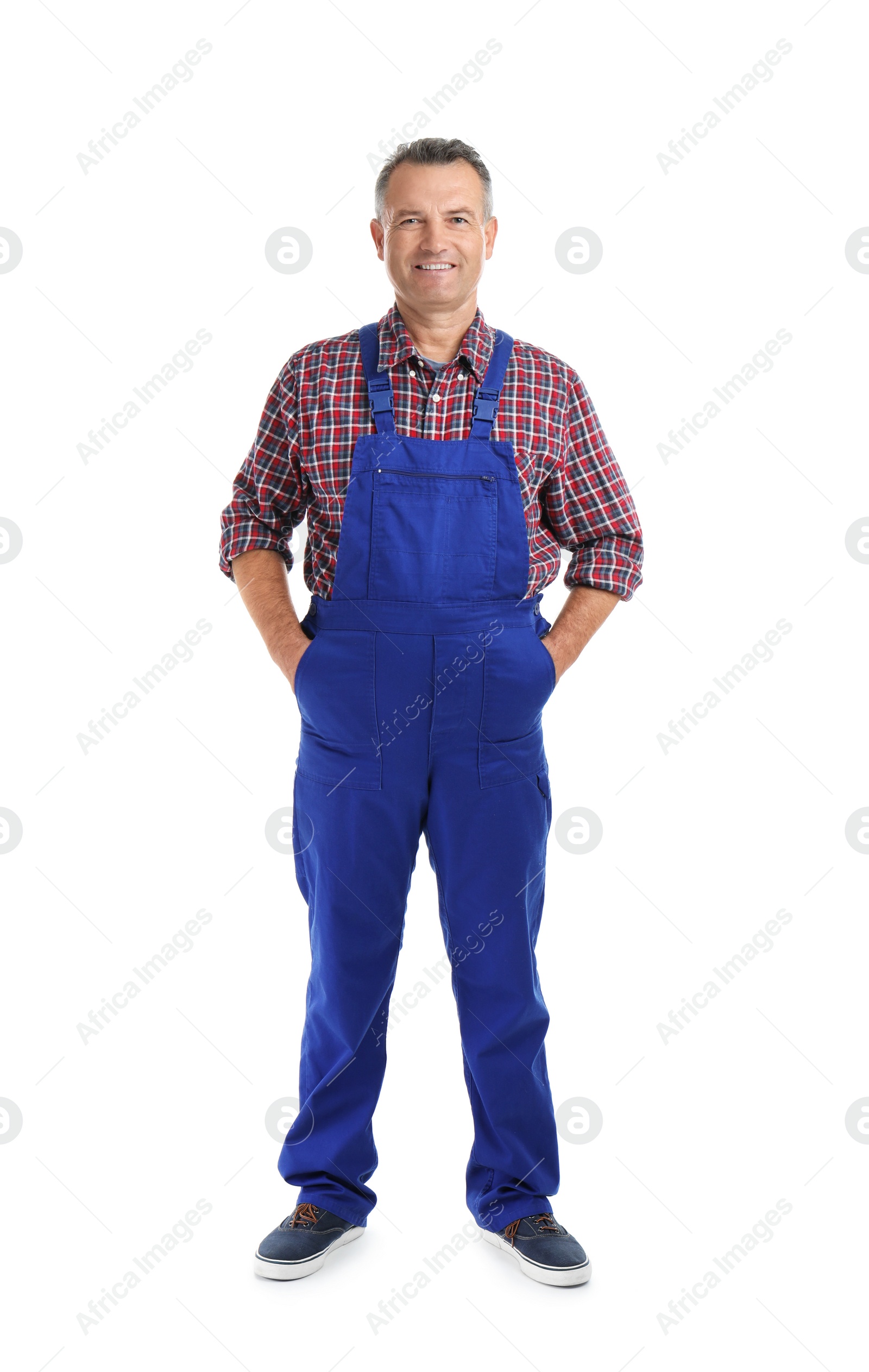 Photo of Full length portrait of electrician wearing uniform on white background