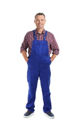 Full length portrait of electrician wearing uniform on white background