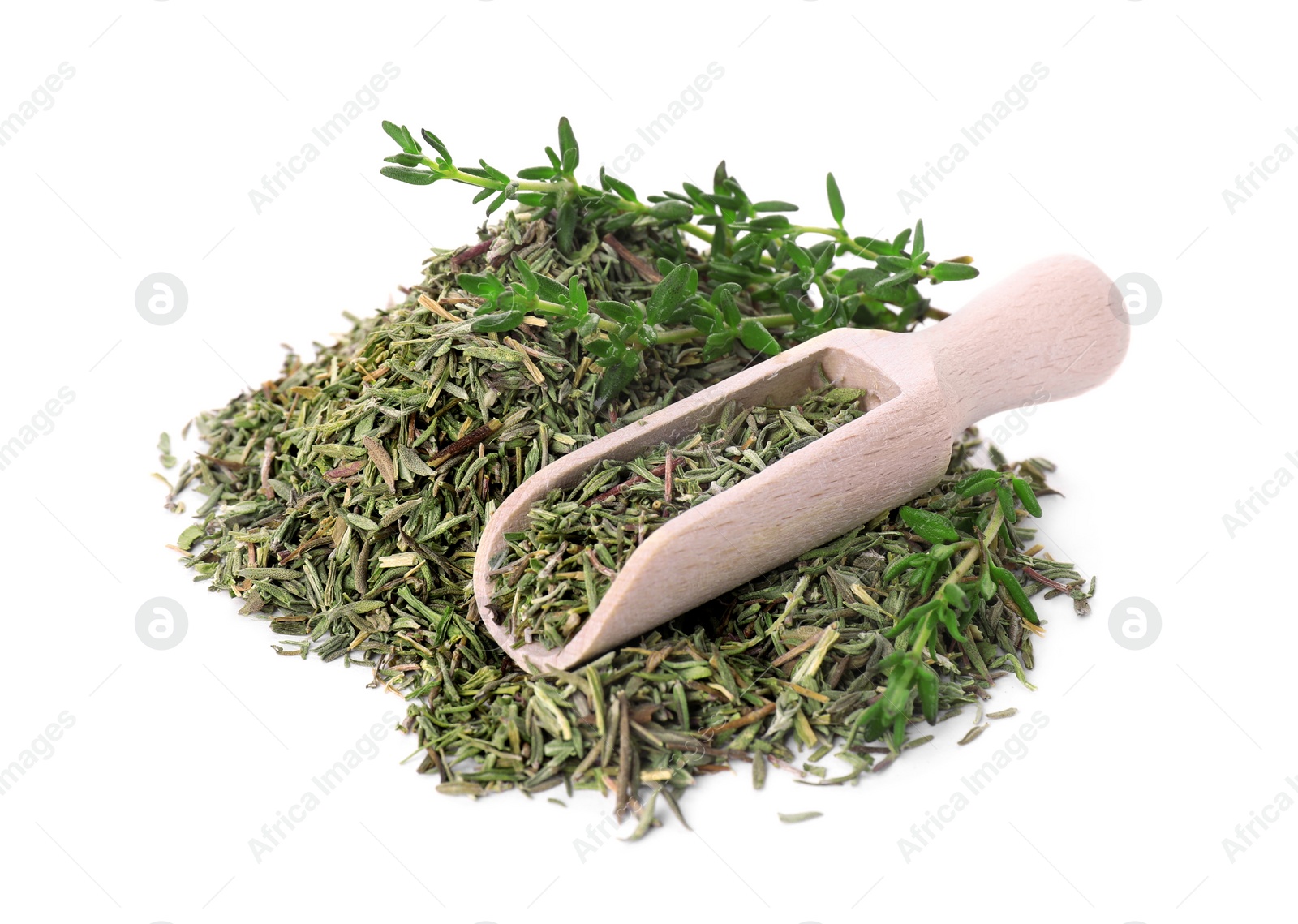 Photo of Scoop and pile of thyme isolated on white