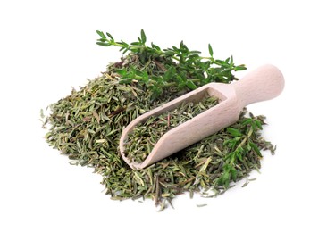 Photo of Scoop and pile of thyme isolated on white