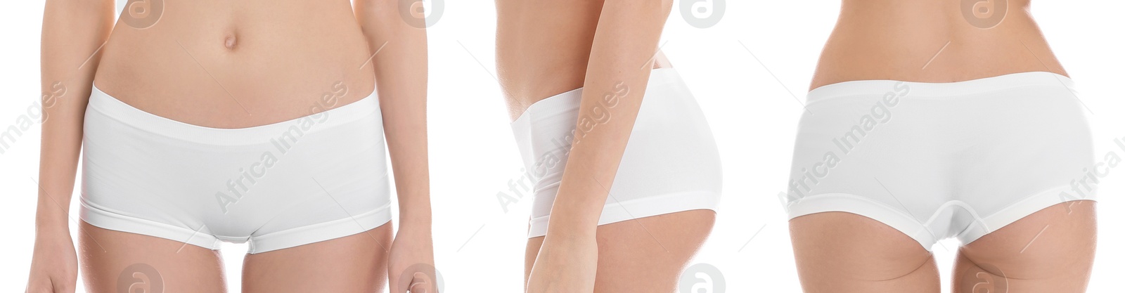 Image of Collage with photos of young woman in underwear on white background, closeup. Beauty and body care