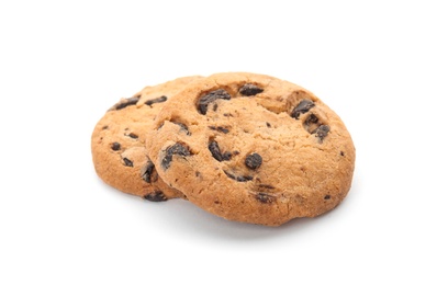 Photo of Tasty chocolate chip cookies on white background