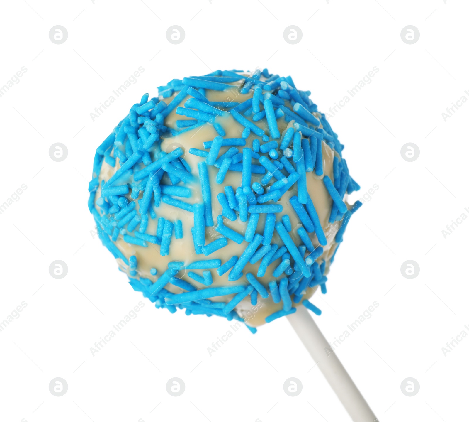 Photo of Tasty cake pop with blue sprinkles isolated on white