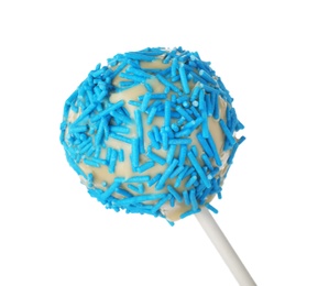 Photo of Tasty cake pop with blue sprinkles isolated on white