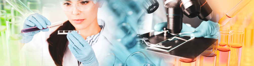 Image of Multiple exposure of scientist, microscope and test tubes, banner design
