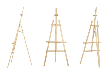 Image of Wooden easel isolated on white, different sides
