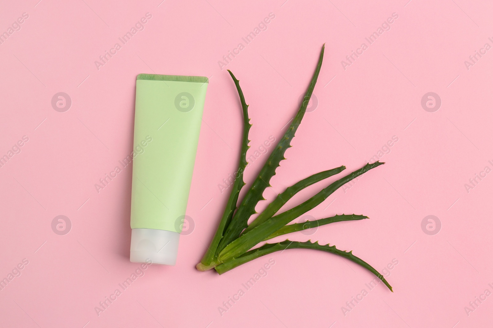 Photo of Tube of toothpaste and fresh aloe on pink background, flat lay