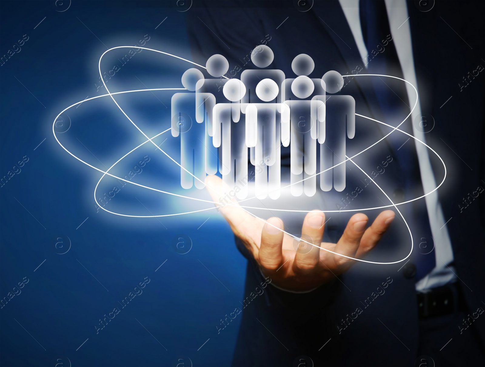 Image of Man demonstrating virtual structure of organization, closeup. Business corporation