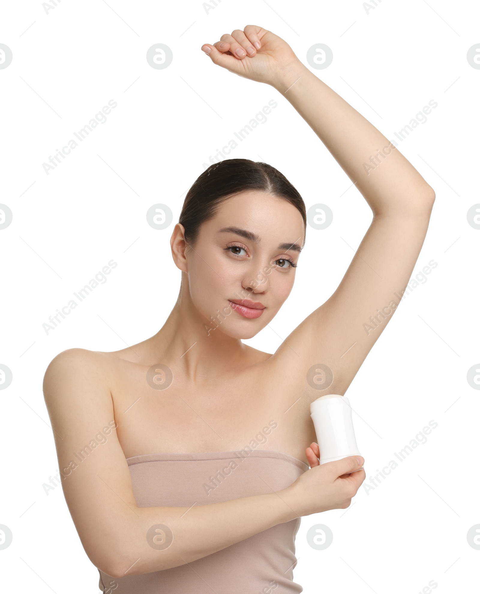 Photo of Beautiful woman applying deodorant on white background