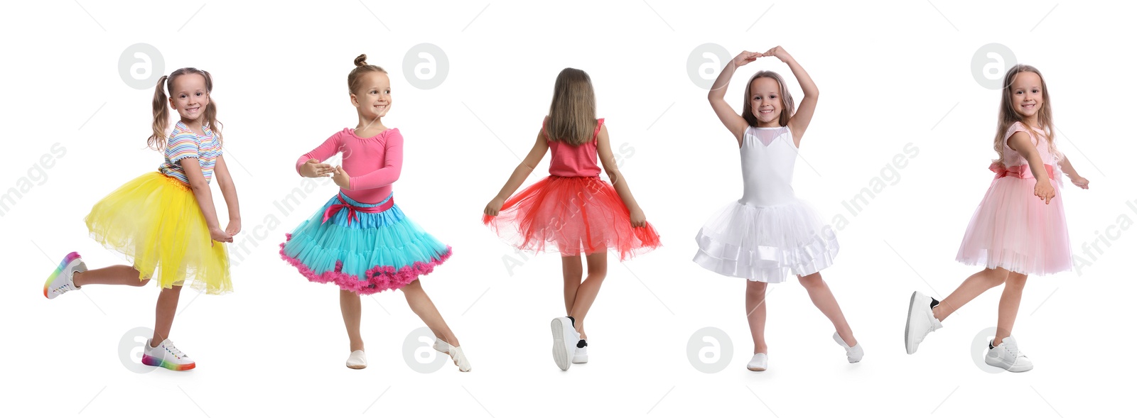Image of Cute little girls dancing on white background, set of photos
