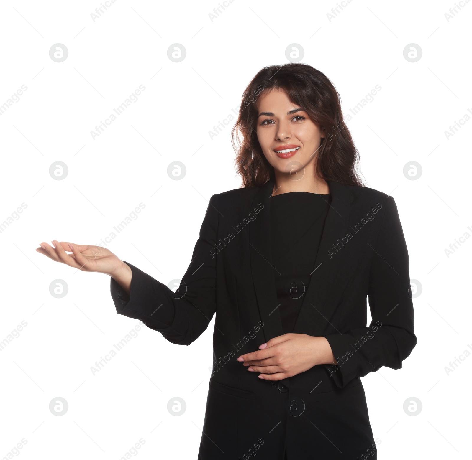 Photo of Portrait of hostess in uniform on white background