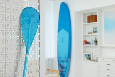 Photo of SUP board and shelving unit with different decor elements in room, focus on paddle, space for text. Stylish interior