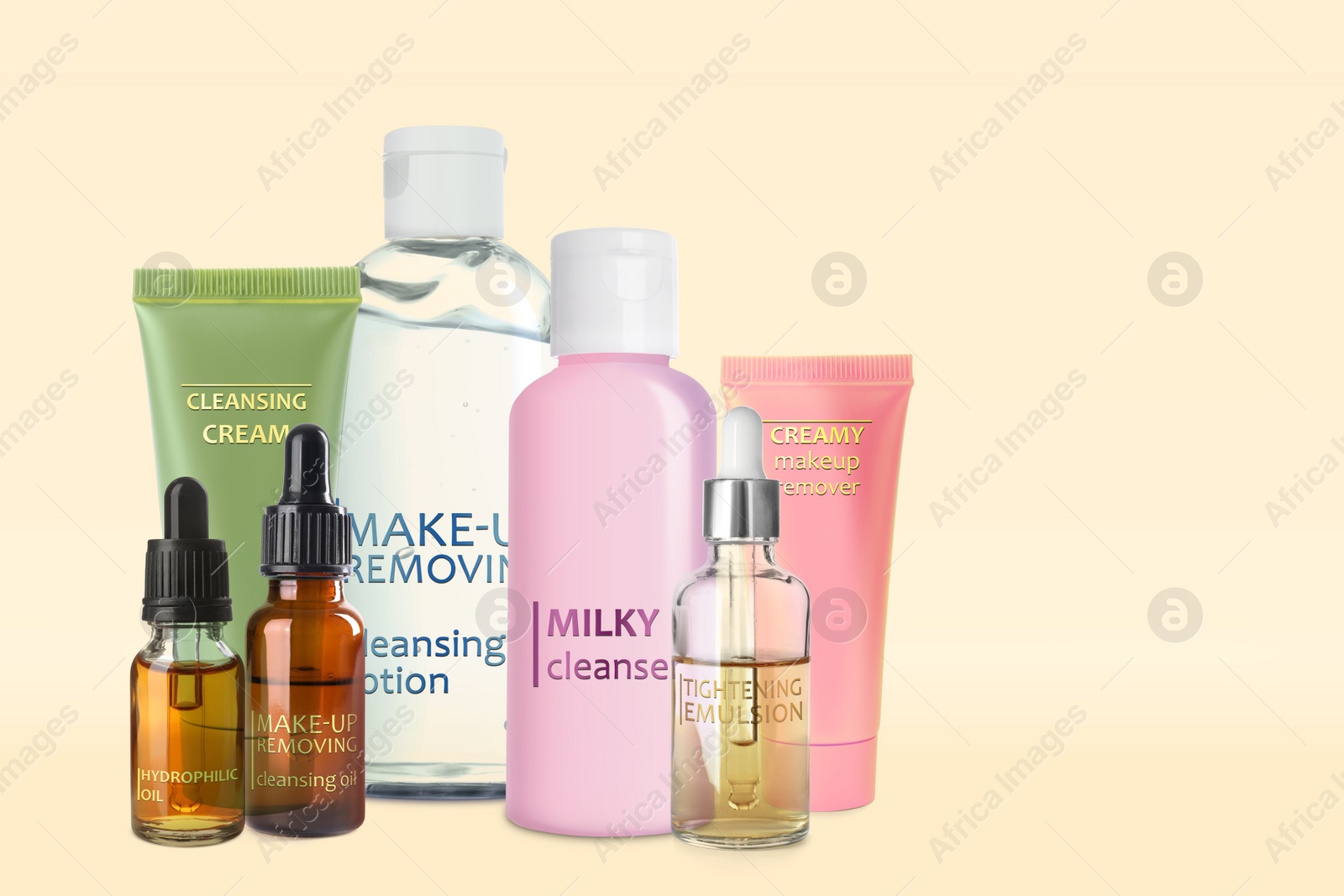 Image of Collection of different makeup removal products on beige background