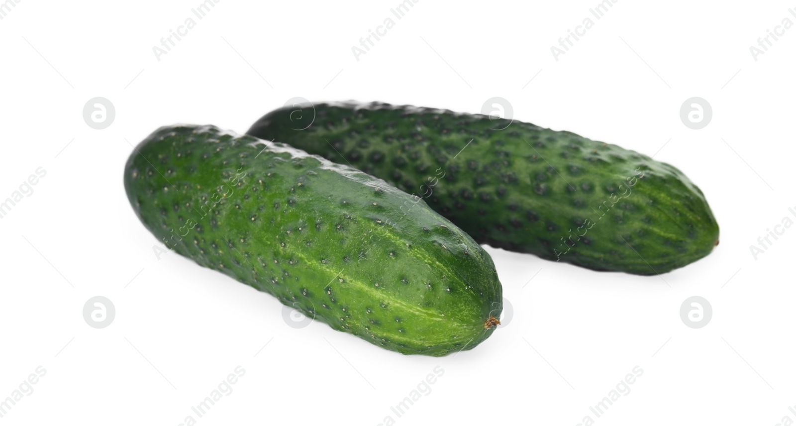 Photo of Whole fresh green cucumbers on white background