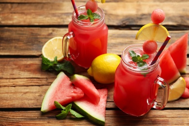 Delicious fresh watermelon drink on wooden table