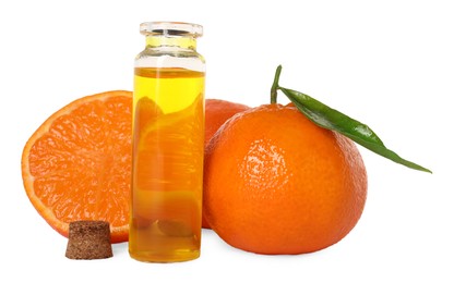 Photo of Aromatic tangerine essential oil in bottle and citrus fruits isolated on white