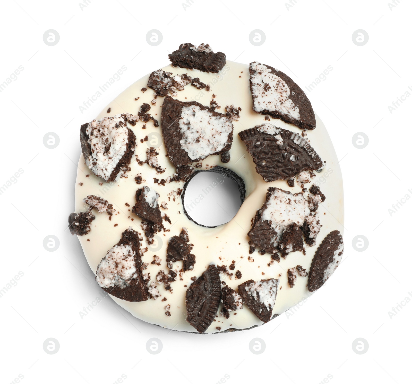 Photo of Sweet delicious oreo donut on white background, top view