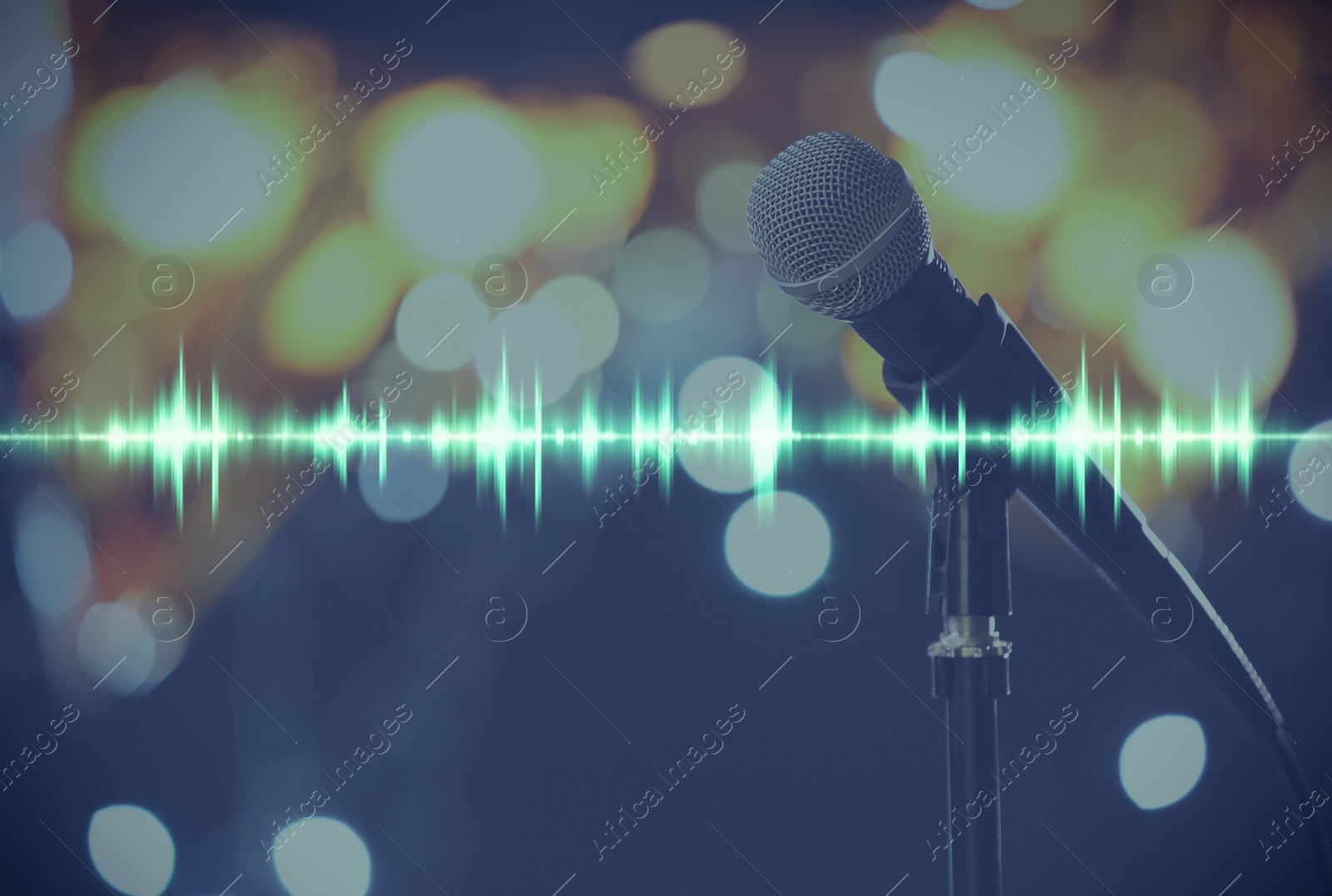 Image of Microphone and radio wave on dark background, bokeh effect