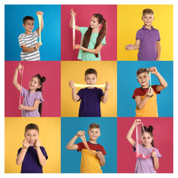 Image of Collage of children with different slimes on color backgrounds