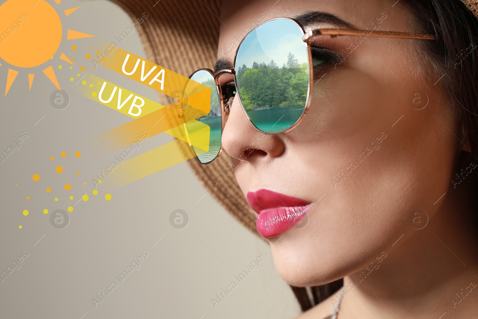 Image of Woman wearing sunglasses, closeup. UVA and UVB rays reflected by lenses, illustration