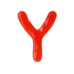 Letter Y written with red sauce on white background