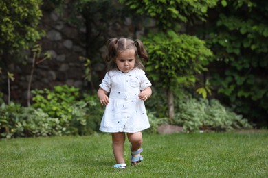 Cute little girl walking on green grass in park