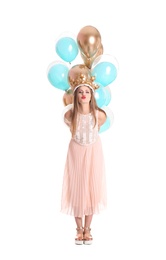 Young woman with crown and air balloons on white background