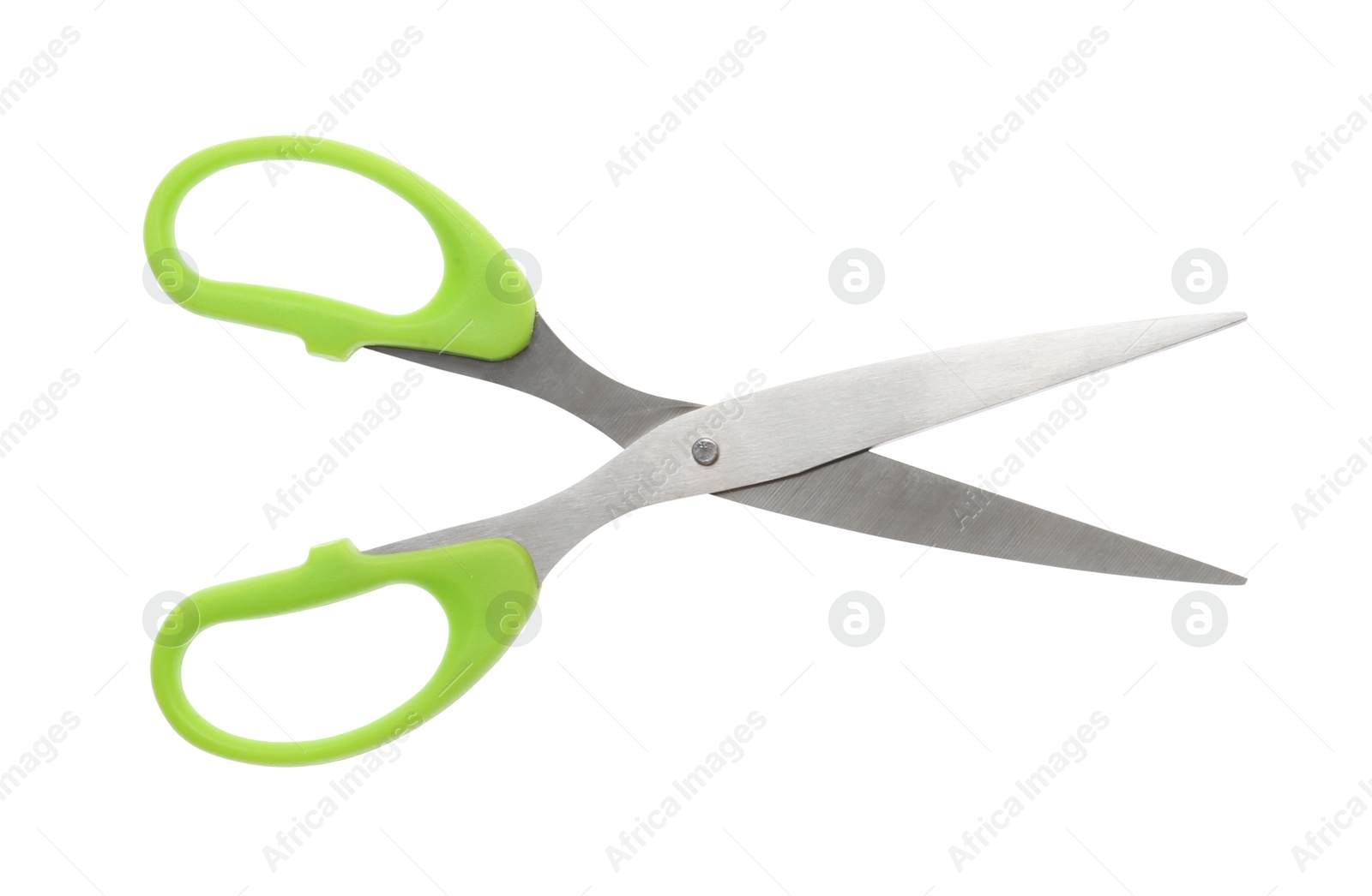 Photo of Office scissors with color handle isolated on white, top view