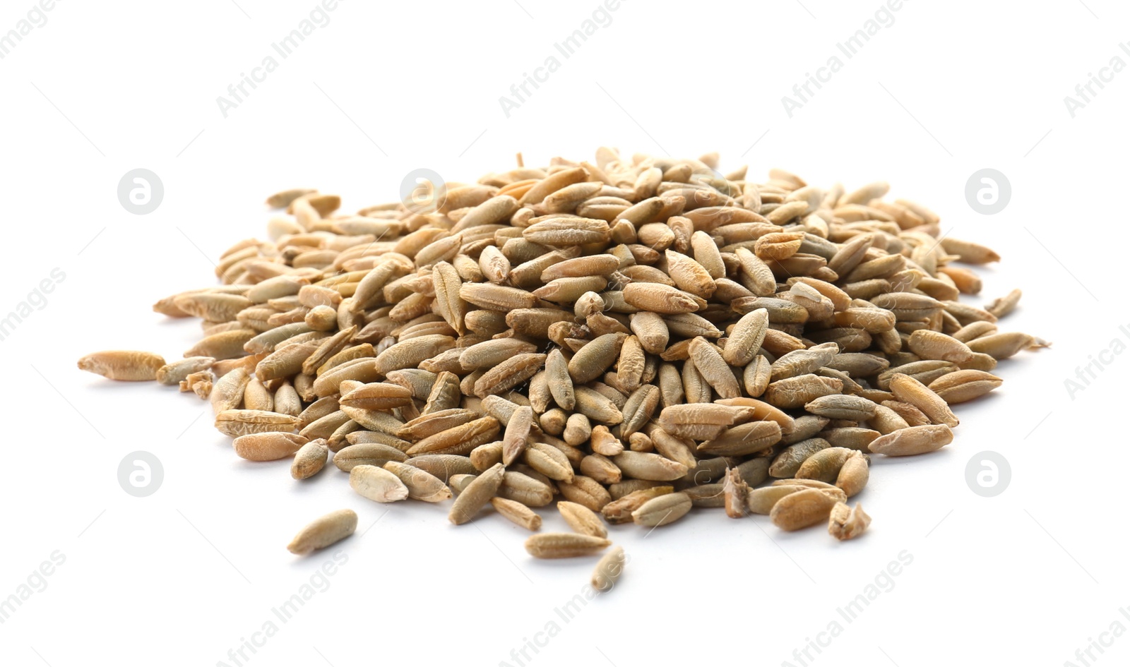 Photo of Raw rye on white background. Healthy grains and cereals