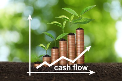 Image of Cash Flow concept. Illustration of increase graph and stacked coins with green seedlings on ground