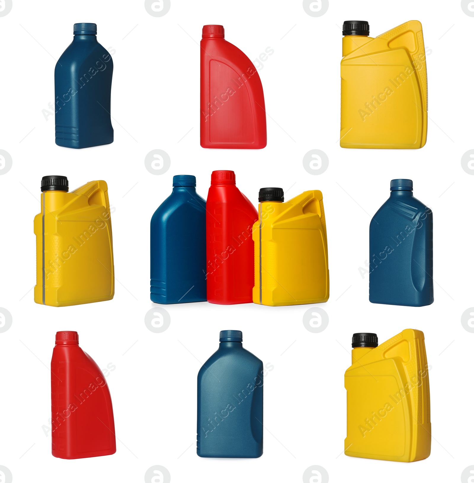 Image of Colorful containers with different motor oil on white background, collage design