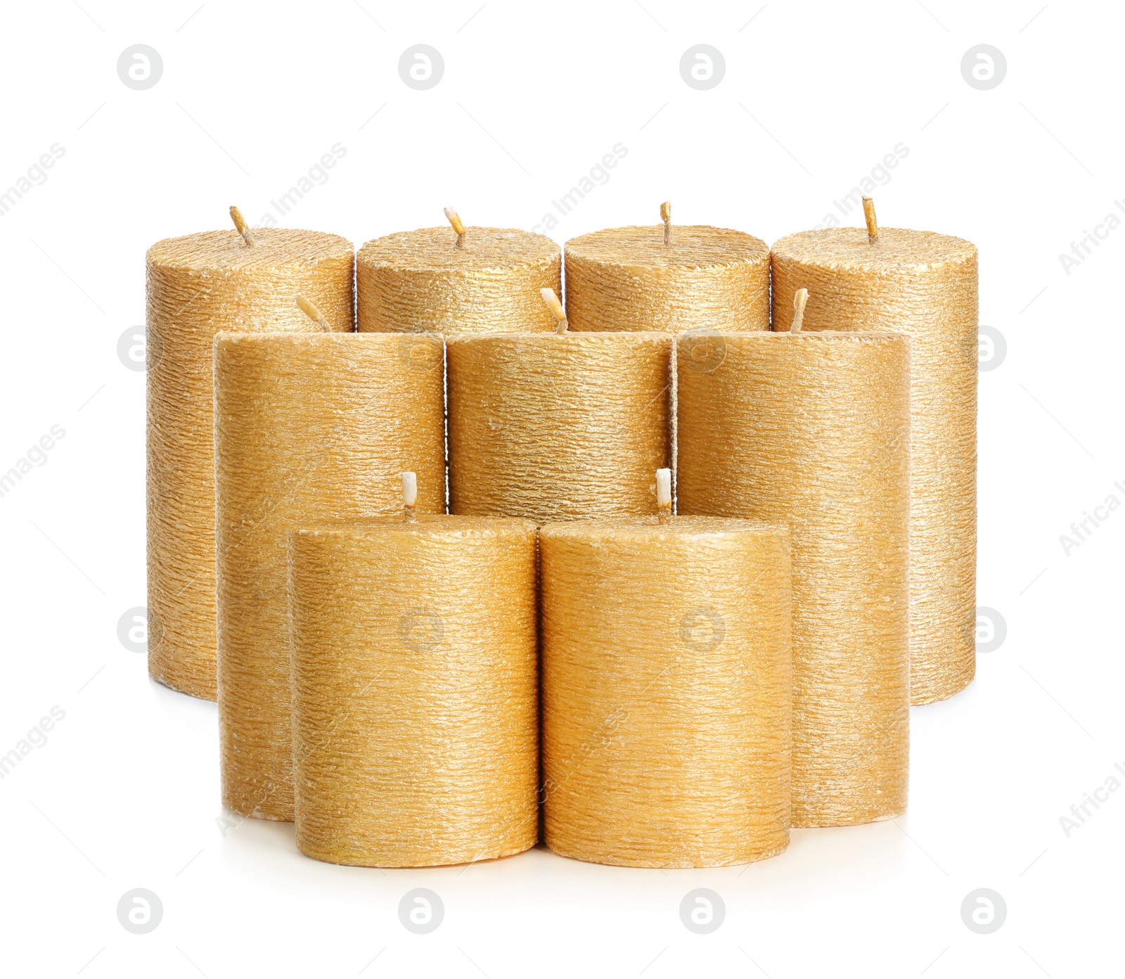 Image of Set of elegant gold candles on white background