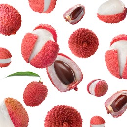 Image of Many lychees falling on white background. Exotic fruit