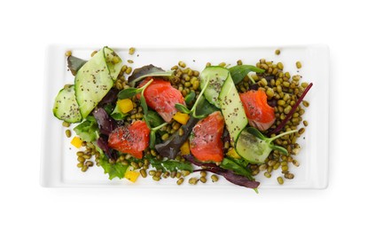 Plate of salad with mung beans isolated on white, top view