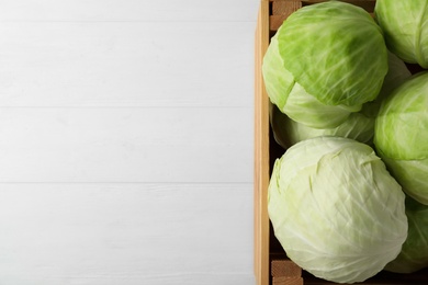 Photo of White cabbage in crate on wooden table, top view. Space for text