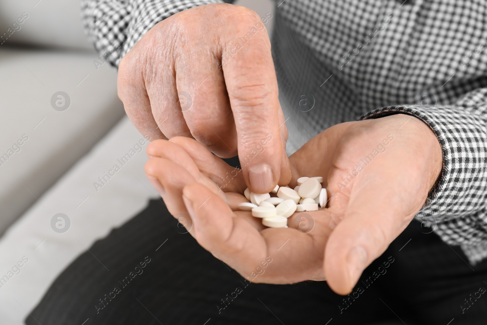 Photo of Senior man taking medicine, closeup. Health care