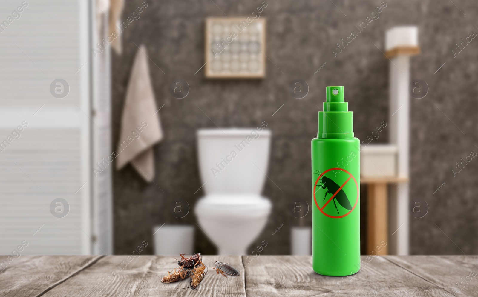 Image of Pest control. Insecticide and dead cockroaches on table in bathroom, space for text